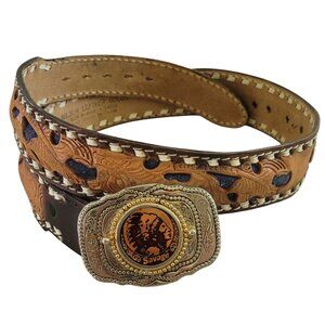 VTG Wilson's Leather Goods Western Tooled Leather Belt Indianhead Buckle Savage